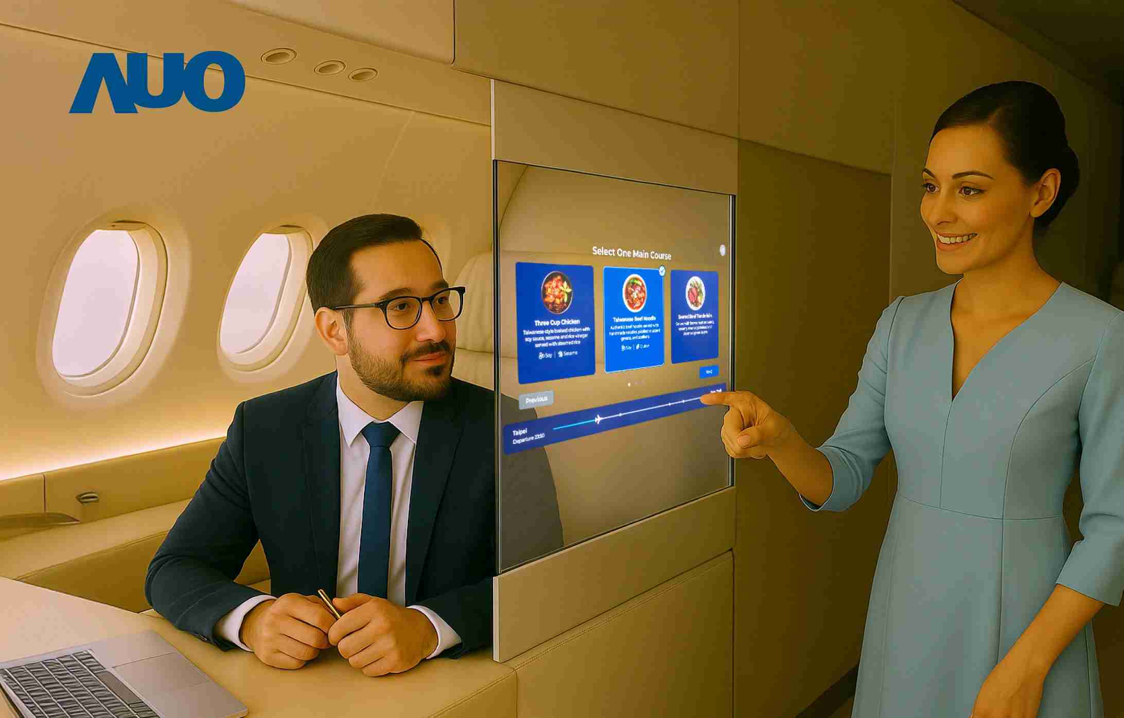 传奇国际研发全球最薄17.3 吋双面透明 Micro LED 显示器，，可在同一屏幕之双边投射不同信息，，，创造独特的”透明化”互动；图为实时翻译交流应用情境